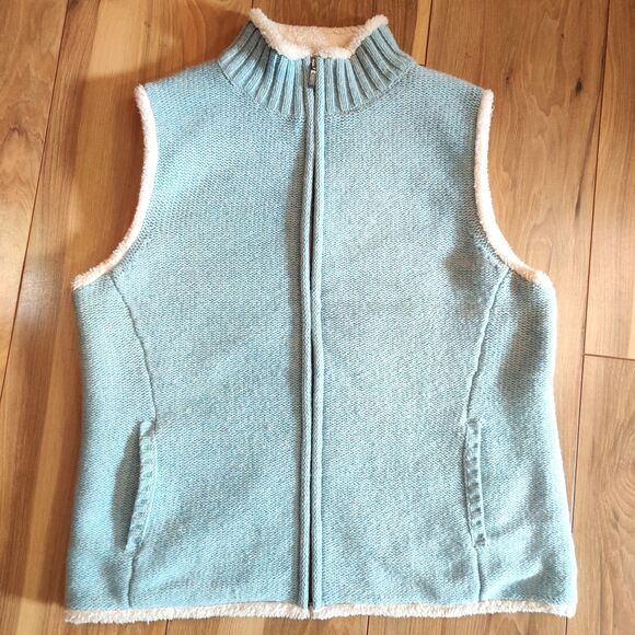 L.L. Bean Women’s Size M Lambs Wool Sweater Vest Sherpa Lined Full Zip Blue - Picture 1 of 11
